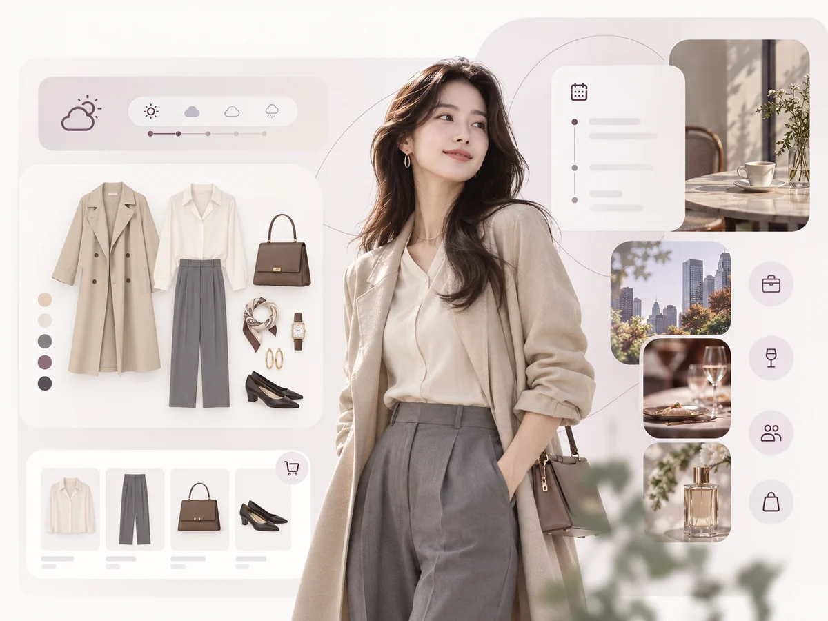 상미 2.0 시안의 스타일 보드. 가상 모델과 코트·셔츠·팬츠·가방·신발, 날씨·약속 아이콘이 한 화면에 구성된 이미지입니다.