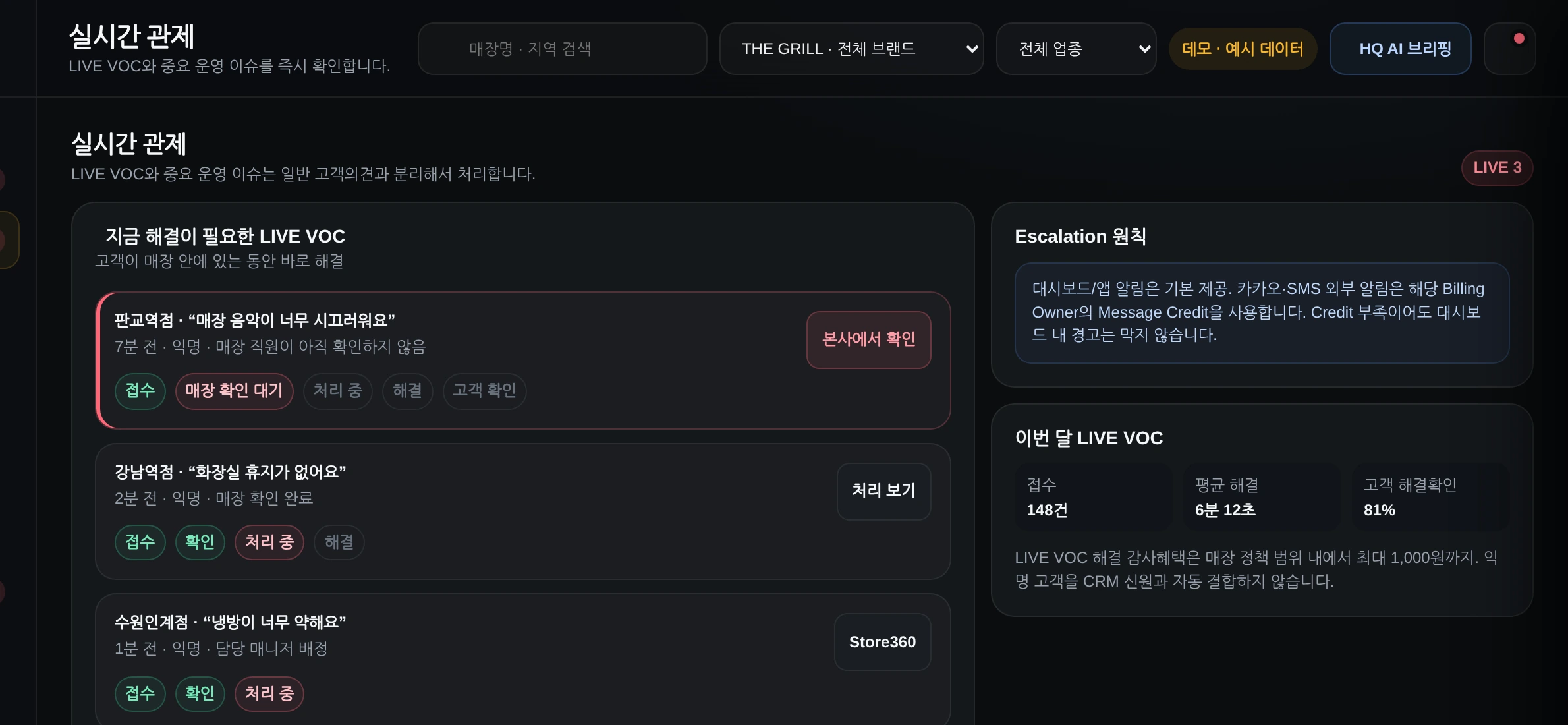 HQ 실시간 관제 화면.